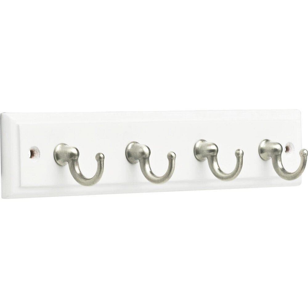 9" Key Rail with 4 Hooks in Pure White & Satin Nickel